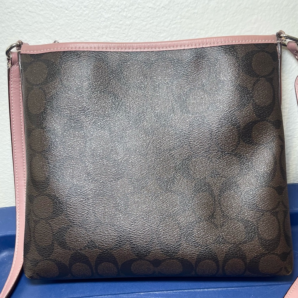 Coach Signature Monogram Crossbody Bag Brown Pink Trim Adjustable Strap Purse - Picture 9 of 11